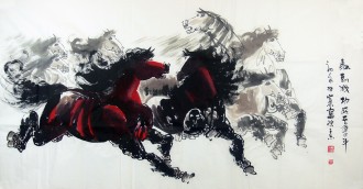 王杰（山东美协）国画动物画 四尺横幅 八骏图《马到成功》