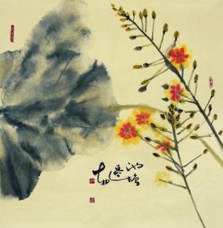 （询价）肖映梅(中国美协)国画花鸟画 四尺斗方《池塘边》