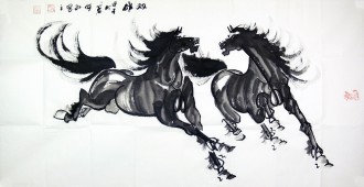 何红（湖北美协）四尺横幅 国画双骏马图《双雄》