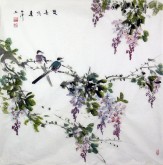 （已售）白洋 国画写意花鸟 四尺斗方紫虅《双喜鸣春》