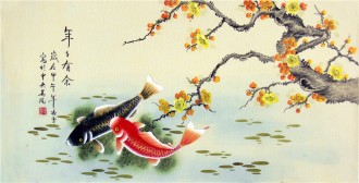 （已售）凌雪（中央美院）三尺横幅 国画花鸟画《年年有余》鲤鱼1-95