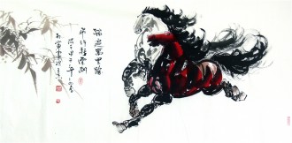 （已售）王杰（山东美协）国画动物画 四尺横幅 双骏图《踏遍万里路》