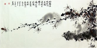 （已售）薛大庸（一级美术师）国画动物松鼠画 三尺横幅《玲珑乖巧眼闪光》