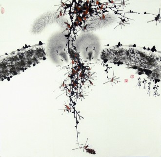 （已售）薛大庸（一级美术师）国画动物松鼠画 四尺斗方《秋风》