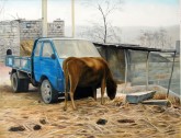（已售）张立志 布面油画 创作作品100*120cm 牛 风景画 村庄