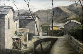（已售）张立志 布面油画 创作作品60*80cm 屋后小桥 风景画 村庄