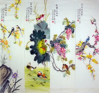 凌雪（中央美院）国画花鸟四条屏《春夏秋冬》