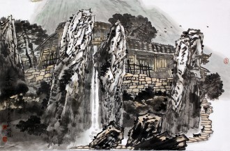 喻湘龙（中国美协会员、广西艺术学院教授）国画山水画《大山人家》四尺三开