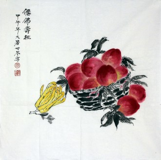 （已售）李世苓（中国美协会员）国画花鸟画《仙佛寿桃》四尺斗方寿桃