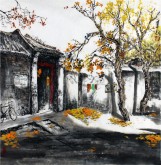 （已售）李尤（北京美协）国画山水风景画 四尺斗方《胡同秋色》