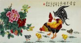 （已售）凌雪 三尺横幅 国画花鸟画《富贵吉祥》牡丹公鸡2-4