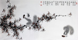 （已售）薛大庸（一级美术师）国画动物松鼠画 三尺横幅《步步穿篱入境幽》3-5
