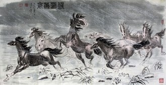 刁立（中美协会员）国画动物画 四尺横幅《程风万里》马
