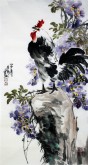（已售）石云轩 国画写意花鸟画 三尺竖幅《紫气东来》紫藤公鸡2－3