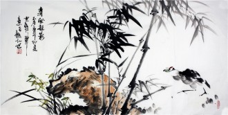 （已售）石云轩 国画写意花鸟画 三尺横幅《清风摇影》竹子 锦鸡2－8