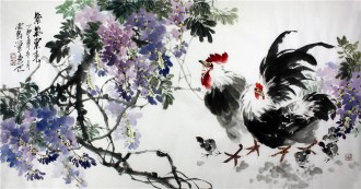 （已售）石云轩 国画写意花鸟画 四尺横幅《紫气东来》紫藤公鸡10－10