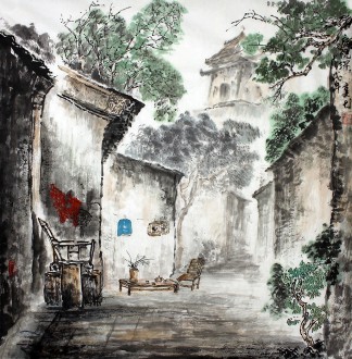 李尤（北京美协）国画山水画 四尺斗方《庭院深深》