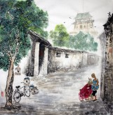 （已售）李尤（北京美协）国画山水画 四尺斗方《京城一景》北京胡同