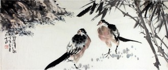 （已售）孙克升（河北美协会员）国画花鸟画 40*90cm《竹荫清趣》竹子喜鹊