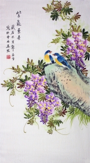 （已售）凌雪 三尺竖幅 国画花鸟画《紫气东来》紫藤2－17